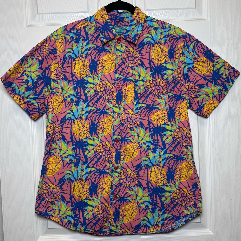 Tropical Pineapple Print Men's Shirt - Pink and Yellow